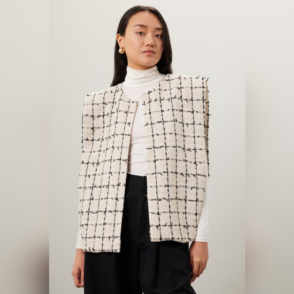 English Factory Womens Off White Plaid Tweed Vest Size XSMALL